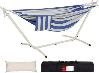 LazyDaze Hammocks Double Hammock with Stand - 2 Person Heavy Duty Outdoor Hammock for Adults, Includes Durable Steel Stand, Portable Carrying Bag and Pillow, Blue White