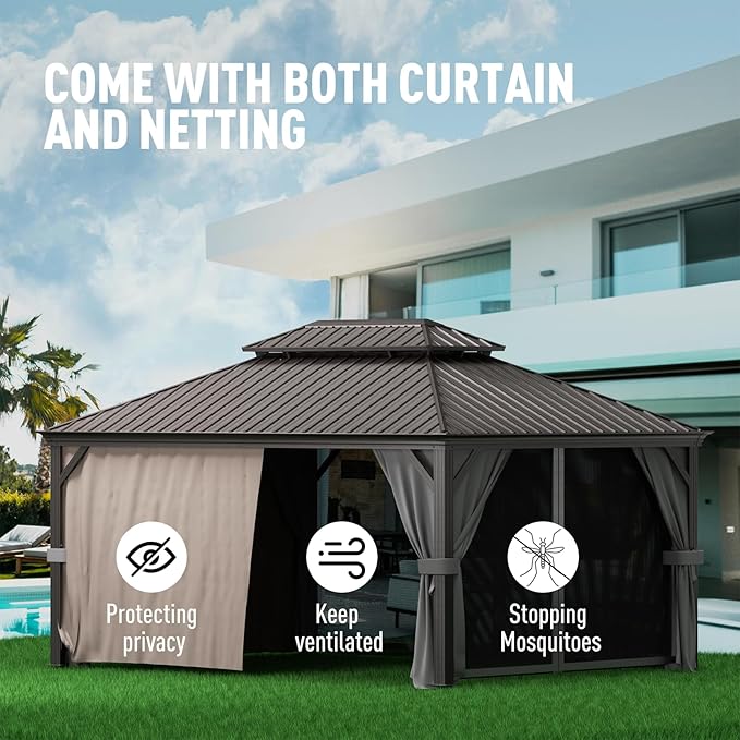 Hardtop Gazebo 12' x 16' with Mosquito Net and Privacy Sidewalls, Aluminum with Galvanized Steel Double Roof, Permanent Outdoor Gazebo for Patio, Garden, Lawn, Backyard.