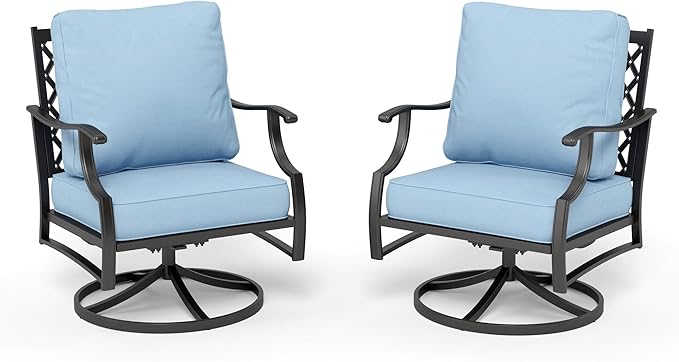 HERA'S HOUSE Outdoor Chairs Set of 2, 2 x Patio Chair with Blue Cushions, All Weather Outdoor Furniture for Lawn Garden Backyard Deck(Swivel Chairs)