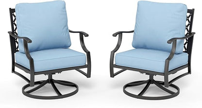 HERA'S HOUSE Outdoor Chairs Set of 2, 2 x Patio Chair with Blue Cushions, All Weather Outdoor Furniture for Lawn Garden Backyard Deck(Swivel Chairs)