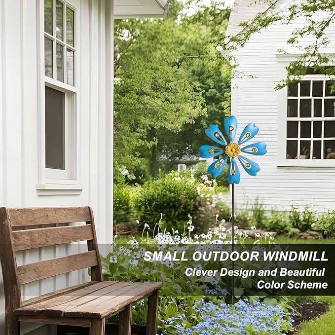 Flower Outdoor Metal Wind Spinner, Single-Layer Kinetic Garden Art with Vibrant Blue Finish - Weatherproof Wind Sculpture for Lawn, Patio, Yard Decor - 10''W x 36''H