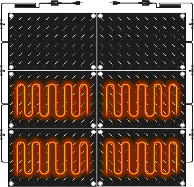 Riakrum 6 Pcs Heated Snow Melting Mats Outdoor, 10 x 15 in Winter Anti-Slip Heated Rubber Mat for Walkways Decks and Sidewalks, Snow and Ice Melting Pads Connection with 9.84 ft Power Cord