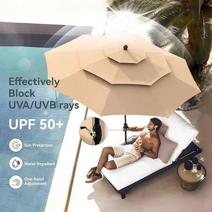 PHI VILLA 5-Piece Patio Dining Set for 4 with 10ft Umbrella, Metal Circle Table & Wrought Iron Stackable Chairs, 3-Tier Vented Beige Umbrella