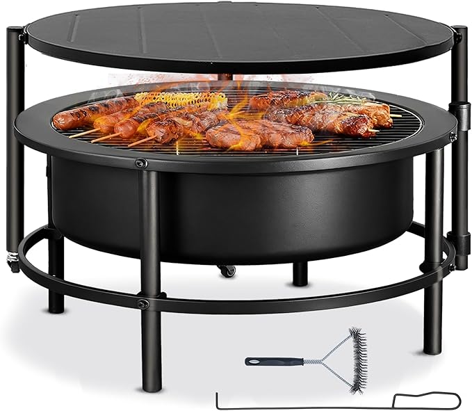 Fire Pits for Outside Wood Burning, Extra Large Outdoor Fire Pit with Grill and Roating Table, Cold Finished Steel Round Firepit Bowl with Poker and Round Waterproof Cover for Patio, Backyard, Garden