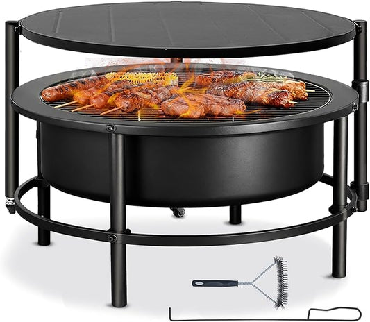 Fire Pits for Outside Wood Burning, Extra Large Outdoor Fire Pit with Grill and Roating Table, Cold Finished Steel Round Firepit Bowl with Poker and Round Waterproof Cover for Patio, Backyard, Garden