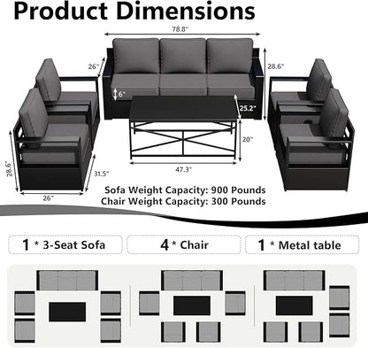 Outdoor Patio Furniture Set, 6-Piece Aluminum Patio Conversation Set All-Weather Metal Outdoor Sectional with 6 Inch Thick Cushions, Deep Setting for Garden, Outside and Porch