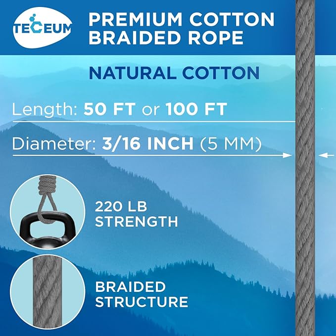TECEUM Cotton Rope 3/16” (5 mm) – 100 FT – Strong All-Purpose Braided Rope – Natural Cotton – for Crafting, Сamping, Clothes Line, DIY, Indoor & Outdoor Use – Gray
