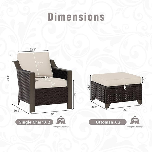 4 Piece Wicker Patio Conversation Set, All-Weather Use Outdoor 2 PE Rattan Chair, 2 Ottoman, Removable Water-Resistant Cushion, Ideal for Porch, Backyard, Balcony, Poolside, Beige