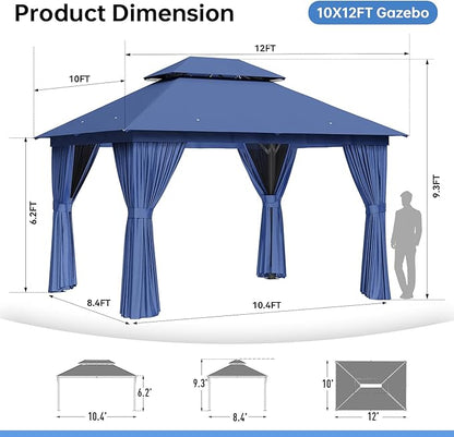 Outdoor Gazebo Metal Frame Patio Pergola Double Roofs Patio Canopy with Double-Layer Door and Mosquito Netting for Deck, Backyard, Lawn (Blue, 10x12FT)