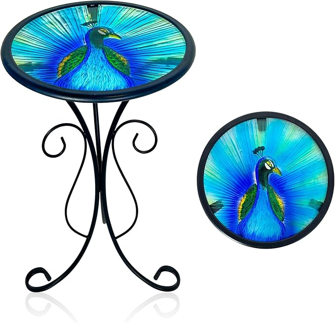 HONGLAND Outdoor Side Table, 12" Round Small Outdoor Glass End Table, Glass Plant Stand, Small Bistro Coffee Table for Garden Patio Porch Living Room （Peacock）