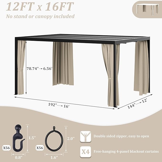 Gazebo Universal Replacement Privacy Curtain,12'×16' Gazebo Outdoor Waterproof Curtains, 4-Panels Sidewall Curtains with Double Zipper for Patio Canopy, Garden and Backyard (Curtain Only)