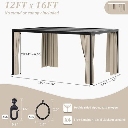 Gazebo Universal Replacement Privacy Curtain,12'×16' Gazebo Outdoor Waterproof Curtains, 4-Panels Sidewall Curtains with Double Zipper for Patio Canopy, Garden and Backyard (Curtain Only)