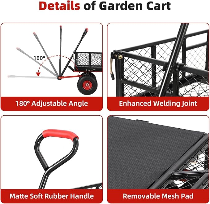 Heavy Duty Steel Garden Dump Cart, 880LBS Meatl Utility Wagon with Removable Sides & 180° Rotating Handle, Utility Dump Cart with 10-Inch All Terrain Wheels for Yard Lawn and Farm