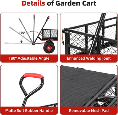 Heavy Duty Steel Garden Dump Cart, 880LBS Meatl Utility Wagon with Removable Sides & 180° Rotating Handle, Utility Dump Cart with 10-Inch All Terrain Wheels for Yard Lawn and Farm