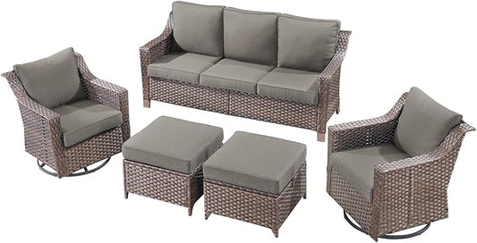 Outdoor Wicker Patio Furniture Set - 5 Piece Outside Rattan Conversation Bistro Dining Chair Sets with Rocking Swivel Chairs, 3-Seat Couch and Ottomans for Porch Yard Balcony – Brown/Grey