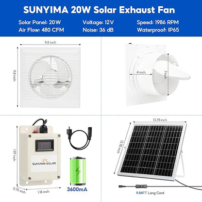 SUNYIMA Solar Powered Fan with Battery,20W Solar Panel Weatherproof+ 8'' Solar Exhaust Fan with 9.84Ft On/Off Cable for Greenhouse Circulation, Chicken Coop, Shed, Pet Houses, Ventilation