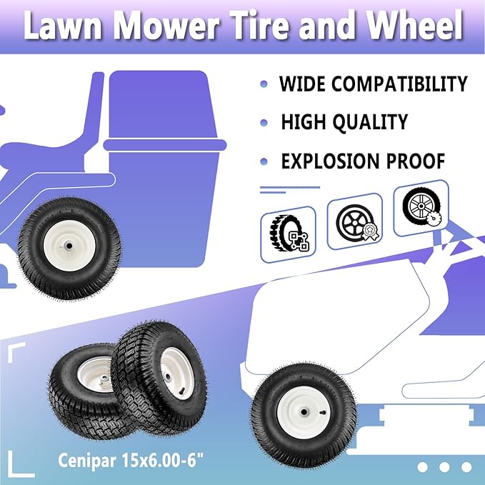 【Upgraded】15x6.00-6" Lawn Mower Tires with 3/4" Iron Bushing, 3" Offset Hub 4 Ply Heavy Duty Replacement for Craftsman Mower, Garden Lawn Tractors 2-Pack by Cenipar