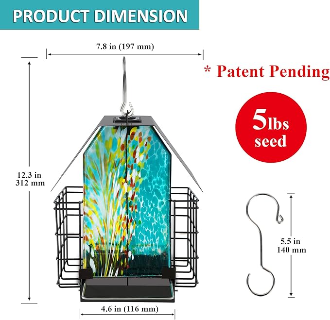 LUJII Solar Bird Feeder for Outdoor Hanging, 2 Suet Cake Cages, Hand-Blown Glass Container, Metal Roof, All-Weather Design for Woodpeckers, Teal