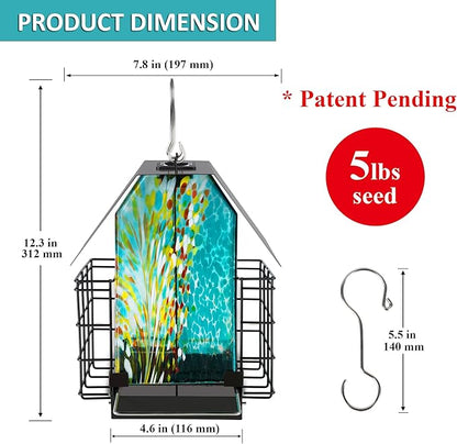 LUJII Solar Bird Feeder for Outdoor Hanging, 2 Suet Cake Cages, Hand-Blown Glass Container, Metal Roof, All-Weather Design for Woodpeckers, Teal