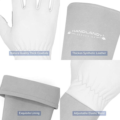 HANDLANDY Long Gardening Gloves for Men & Women, Thorn Proof Rose Pruning Gloves Leather Gauntlets Garden Glove Yard Work Glove (Large, Grey)