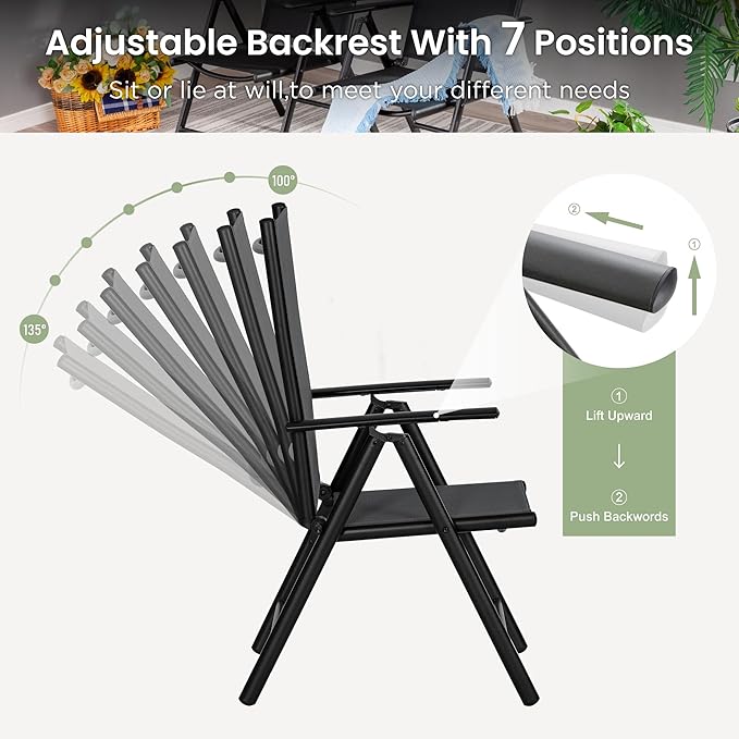 PHI VILLA 9 Piece Patio Dining Set, Outdoor Dining Furniture Patio Table Set with Adjustable Portable Patio Folding Chairs (Black) & Large Square Outdoor Dining Table for Yard, Garden and Lawn