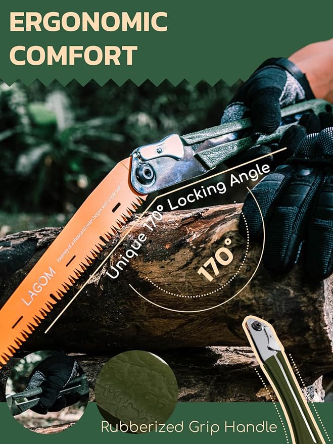 LAGOM Folding Camp Saw for Cutting Branches, 11.4" Straight Blade | SK5 Steel, Ergonomic Handle, One-Hand Use, Secure Lock | Foldable Pruning Tool for Camping, Gardening, Survival, Kayaking, Outdoors