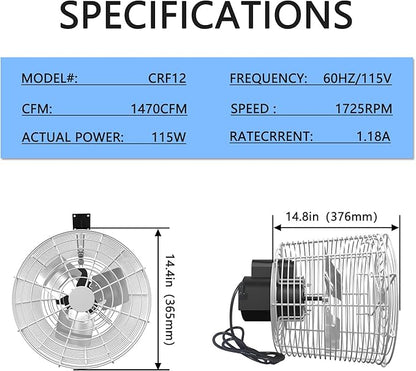 Greenhouse Air Circulation 1/10 HP 115V Ceiling Wall Mount Fan 1470CFM High Speed Circulation Fan for Greenhouse, Warehouse, Patio, Garage