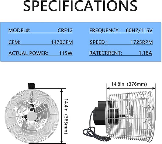 Greenhouse Air Circulation 1/10 HP 115V Ceiling Wall Mount Fan 1470CFM High Speed Circulation Fan for Greenhouse, Warehouse, Patio, Garage