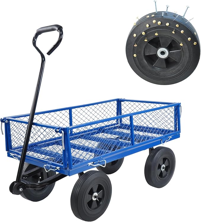 Heavy-Duty Solid Tire Garden Dump Cart - 4.86 cu. ft. Yard Wagon Cart with 600 LBS Capacity & Spacious Mesh Bed (37" x 19.5") - No-Flat Tires, Utility Wagon