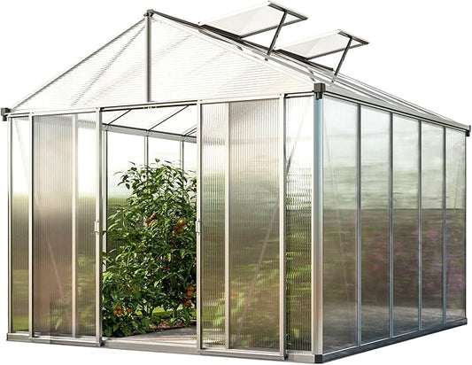 Greenhouse Rubin 5 Aluminum Frame 8.6 x 10.5 ft with Approx. 10 mm Polycarbonate Panels - with 2 Extra Skylights and 2 Automatic Window Openers