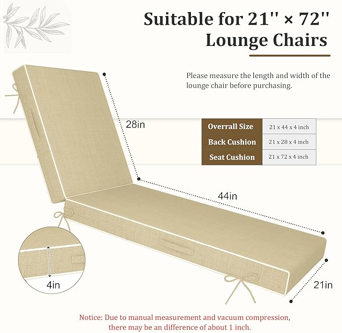 Chaise Lounge Cushions Outdoor Furniture 72 x 21 Inch Olefin Patio Lounge Chair Cushions 4'' Thick Waterproof Outdoor Chaise Cushion Weather Resistant Pool Lounger Cushion (Beige)