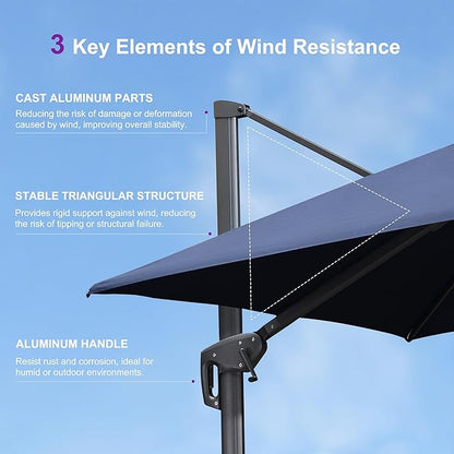PURPLE LEAF 12FT Cantilever Outdoor Umbrellas Large Patio Umbrella Hanging Double Top Square Offset Umbrella with 360°Rotation Tilting Umbrella Outdoor Patio, Navy Blue