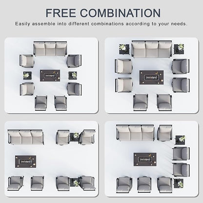 10 Pieces Outdoor Patio Conversation Sets with All Weather Cushions, Metal 3-Seater, 4 Swivel Rockers, 2 Single Chairs, 2 Side Tables, 1 Fire Pit Table for Backyard Deck Porch Poolside, Beige