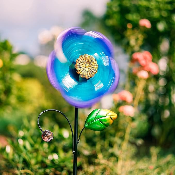 Viveta Wind Spinner with Metal Stake, 28.7 inches Outdoor Garden Pinwheels Spinners Blue Flower Shape Design for Yard Lawn Patio Decor