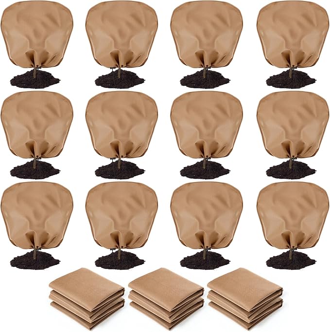 12 Pcs Winter Plant Covers Freeze Protection Reusable Plant Protector Bag with Drawstring Warm Shrubs Cover Frost Protection Planting Jacket Bags for Outdoor Garden, Brown (39.4 x 39.4 Inch)