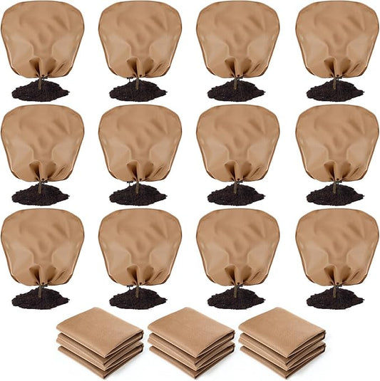 12 Pcs Winter Plant Covers Freeze Protection Reusable Plant Protector Bag with Drawstring Warm Shrubs Cover Frost Protection Planting Jacket Bags for Outdoor Garden, Brown (39.4 x 39.4 Inch)