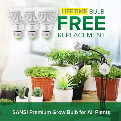 SANSI LED Grow Lights for Indoor Plants, Lifetime Free Bulb Replacement, 450W Full Spectrum 3-Gooseneck Clip Plant Grow Light, Plant Light with Timer 4/8/12 Hrs, High PPFD Growing Power Grow Lamp