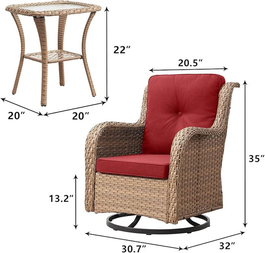 Outdoor Patio Swivel Rocker Chairs - 3 Piece Patio Bistro Set,Wicker Patio Furniture Set with 2 Swivel Rocking Chairs and 1 Glass Top Side Table for Deck Porch Garden,Yellow/Red
