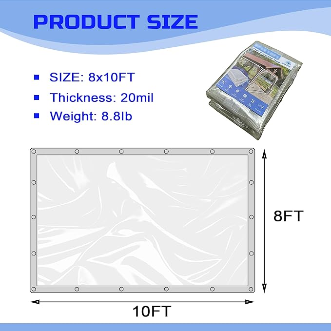 Clear Tarp 8 x 10FT, 20 Mil Clear Vinyl Tarp, Small Cover Plastic Sheeting with Grommets, Double-Stitched Reinforced Edges, Heavy Duty Tarps Waterproof and Tearproof