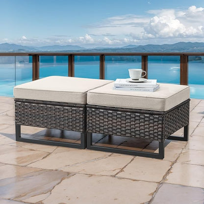 HUMMUH 5 Piece Patio Furniture Outdoor Bistro Set All-Weather Wicker Outdoor Chairs with Ottomans End Table for Patio,Porch,Garden,Backyard