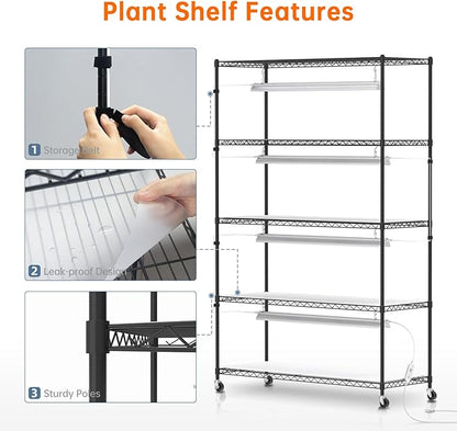 Bstrip Plant Shelf with Grow Lights, 5 Tier Large Tall Plant Stand with 3FT T5 144w Grow Light for Indoor Plants, 3 Mode Full Spectrum LED Plant Light with wheel and Timer for Seedling, 47.2x17.8x71IN