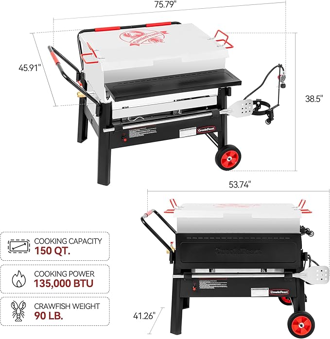 Creole Feast CFB2001 150 QT Crawfish Boiler, Outdoor Double Sack Propane Gas Crawfish Cooker with Foldable Cylinder Mounting Bracket and Stirring Paddle for Seafood & Crawfish Season, Black