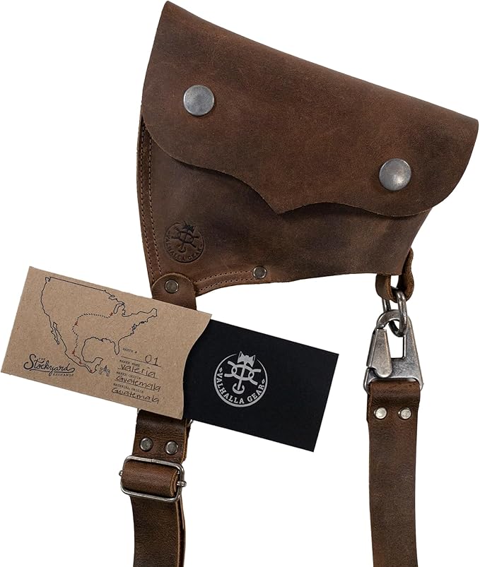 Axe Head Sheath with Shoulder Strap, Convertible Edge Protector, Riveted Carrier for Lumberjacks, Accessory for Tools, Home Improvement, Full Grain Leather, Handmade, Bourbon Brown