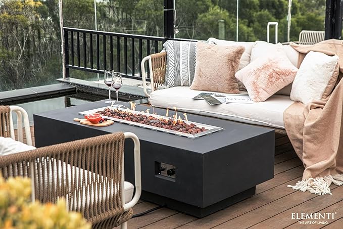 Elementi Granville Gas Fire Pit Bundle Concrete Fire Table, Outdoor Fire Pit Electronic Ignition | Canvas Cover, Lava Rock Included | Free AMS Wind Guard | Dark Gray (Propane Gas)