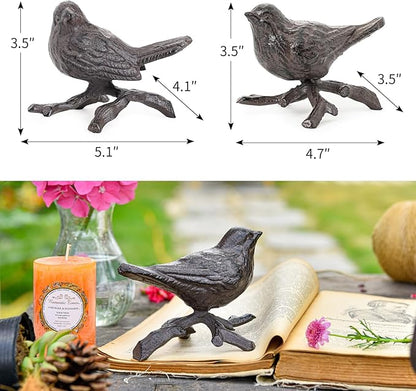 Sungmor Cast Iron Small Bird Statues, Set of 2 Realistic Rust Brown Bird with Branch Collectible Figurines, Farmhouse Home Garden Decorative Sculpture, Indoor and Outdoor Ornaments