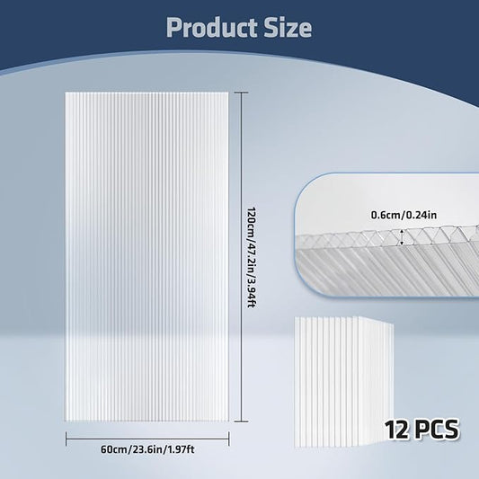 UMIG 12 PCS 4' x 2' x 0.24'' Polycarbonate Greenhouse Panels, Twin-Wall Waterproof UV Protected Corrugated Plastic Roof Panels Sheets, Clear Replacement Panels for Greenhouse, Outdoor, Plant