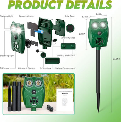 Solar-Powered Ultrasonic Animal Repellent with Motion Sensor, Waterproof Deer Repellent Device with Visual Indicator for Outdoor Yards, Garden, Effective to Repel Deer, Coyotes, Raccoons, and Cats