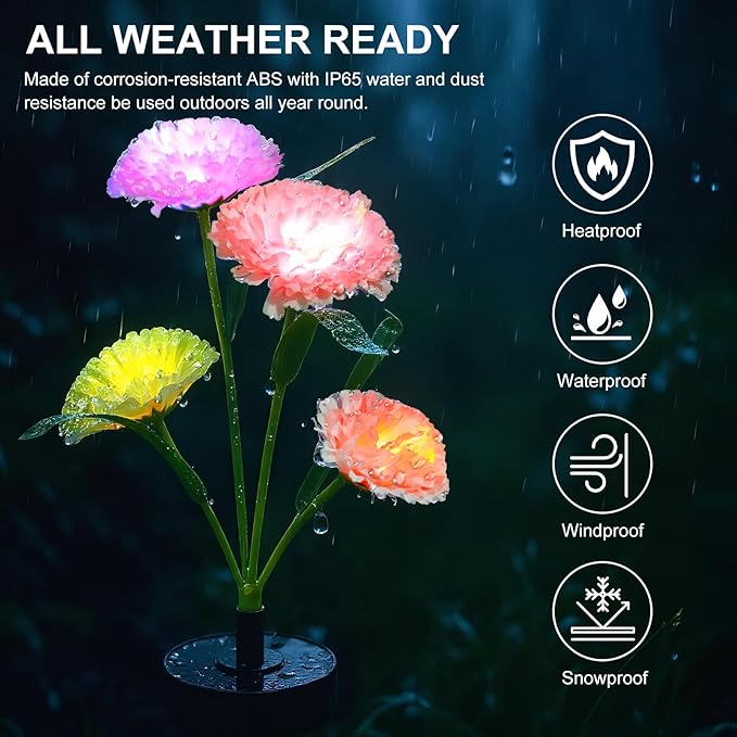 Solar Flowers Lights - Upgraded Outdoor Carnation Flowers Lights, 7-Color Changing & Waterproof Outdoor Solar Lights for Garden, Patio, Backyard,Party and Office (Carnation, 4)