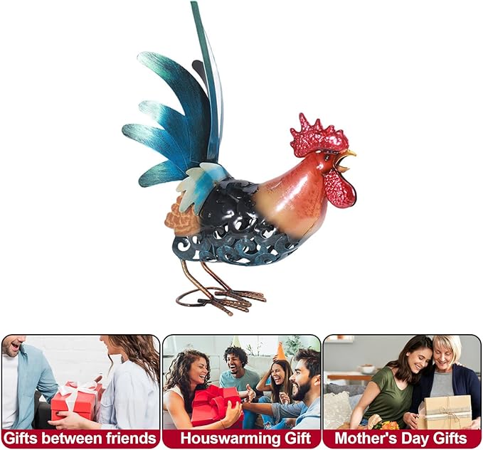 16.5" Metal Rooster Garden Statue, Handmade Morning Crowing Rooster Sculpture with Green Tail Feathers, Rust-Resistant Iron Art for Yard, Farmhouse, Kitchen & Outdoor Decor