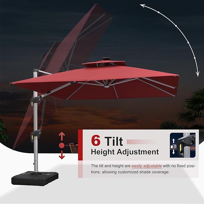 PURPLE LEAF 10 Feet Double Top Deluxe Solar Powered LED Square Patio Umbrella Offset Hanging Umbrella Outdoor Market Umbrella Garden Umbrella, Terra